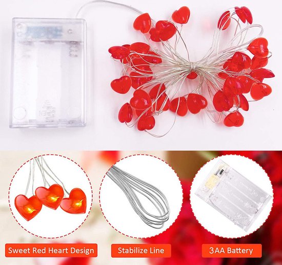 Lichtsnoer Hartjes Rood | 2 Meter | 20 LED | Met Afstandsbediening | Valentijn Decoratie