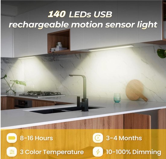 LED Strip 40cm | 140 LEDs | Bewegingssensor | USB-C Oplaadbaar | Keuken & Trap Verlichting