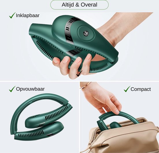 Nekventilator Deluxe Groen – Draadloos & Oplaadbaar – 5000mAh Batterij – LED Display – 5 Standen