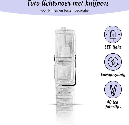 Fotoslinger met LED Verlichting | 6 Meter | 40 Knijpers | Warm Wit | Bruiloft & Decoratie