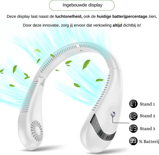 Nekventilator Deluxe Zwart – Draadloos & Oplaadbaar – 5000mAh Batterij – LED Display – 5 Standen