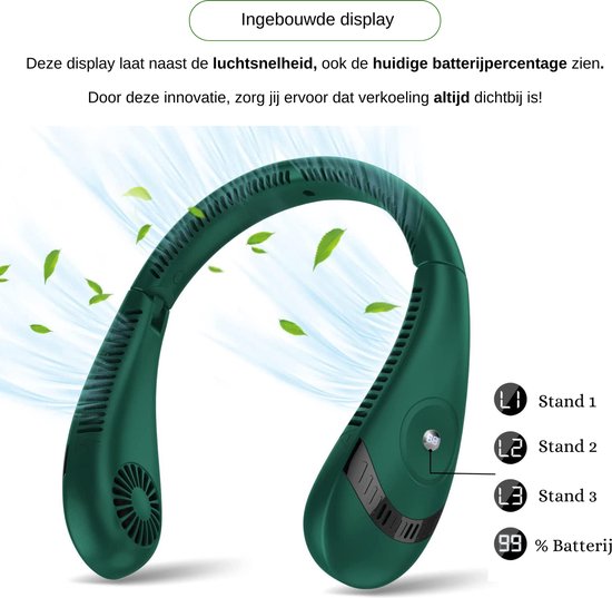 Nekventilator Deluxe Groen – Draadloos & Oplaadbaar – 5000mAh Batterij – LED Display – 5 Standen
