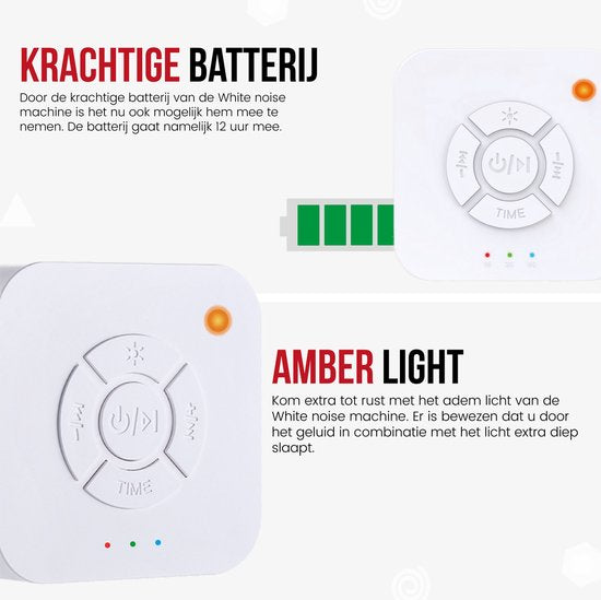White Noise Machine Baby | 10 Geluiden | 36u Batterij | Amber Licht | Draadloos & Oplaadbaar
