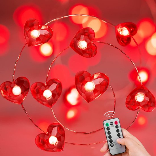 Lichtsnoer Hartjes Rood | 2 Meter | 20 LED | Met Afstandsbediening | Valentijn Decoratie