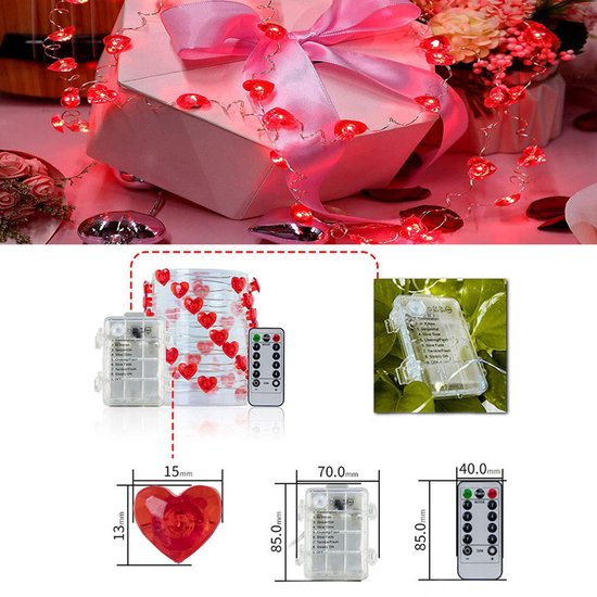 Lichtsnoer Hartjes Rood | 2 Meter | 20 LED | Met Afstandsbediening | Valentijn Decoratie