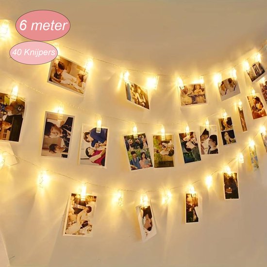 Fotoslinger met LED Verlichting | 6 Meter | 40 Knijpers | Warm Wit | Bruiloft & Decoratie