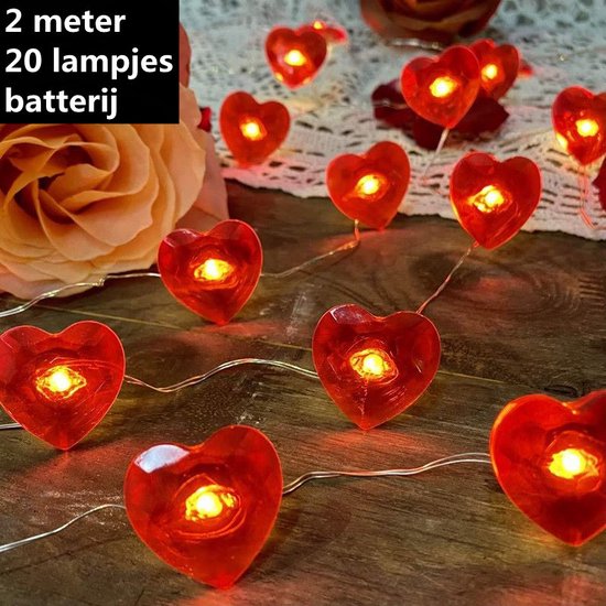 Lichtsnoer Hartjes Rood | 2 Meter | 20 LED | Met Afstandsbediening | Valentijn Decoratie