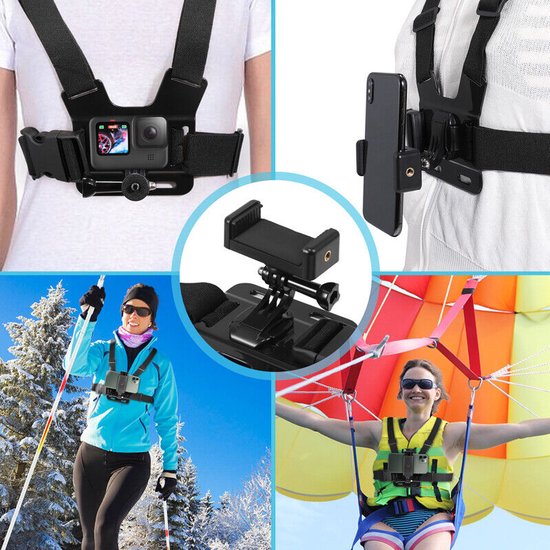 Borstriem Telefoonhouder | Universeel | Handsfree | Ski, Sport & Vloggen | Chest Mount