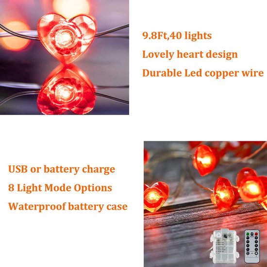 Lichtsnoer Hartjes Rood | 2 Meter | 20 LED | Met Afstandsbediening | Valentijn Decoratie