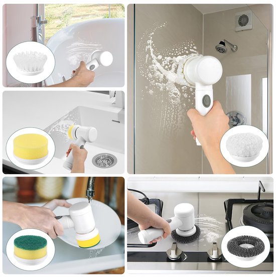 Elektrische Schrobber met 5 Borstelkoppen | 360° Rotatie | Keuken, Badkamer & Ramen | Wit