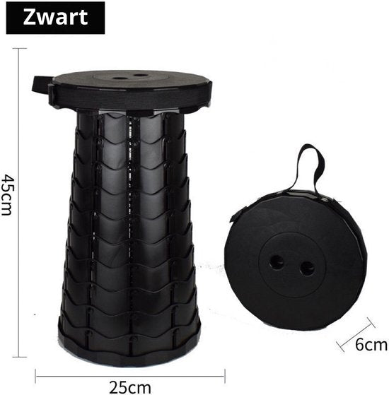 Opvouwbare Kruk Zwart | Verstelbaar 6–45cm | 150kg | Festival, Kamperen & Reizen
