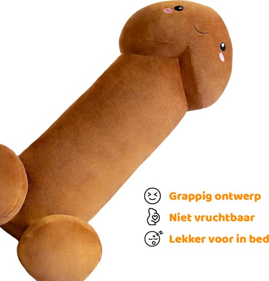 Penis Knuffel 1 Meter Bruin | Grappig Piemel Kussen | Vrijgezellenfeest Cadeau