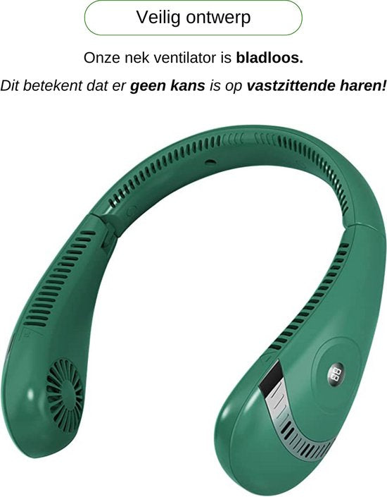 Nekventilator Deluxe Groen – Draadloos & Oplaadbaar – 5000mAh Batterij – LED Display – 5 Standen