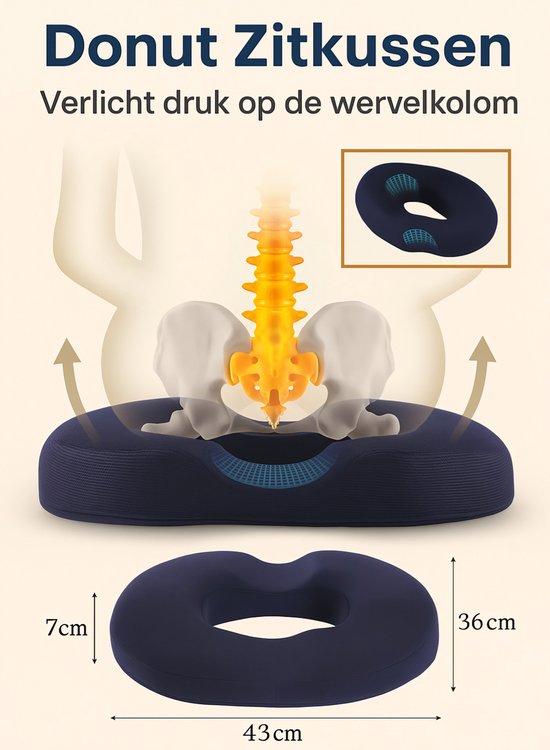 Zitkussen Traagschuim Navy | Donut Zitkussen Stuitje | Wasbare Hoes | Anti-Slip